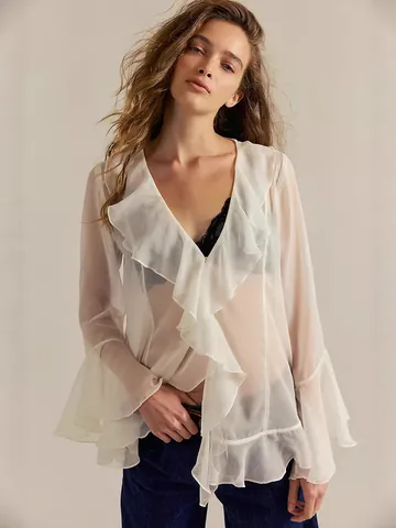 Blusa Sexy de Mujer con Cuello en V Transparente Vintage con Volantes y Mangas Acampanadas Camisa de Gasa Elegante Top