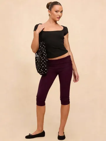 Women Slim Fit Low Waist Capri Pants Foldover Waistband Solid Color Polyester Yoga Leggings Casual Streetwear Bottom