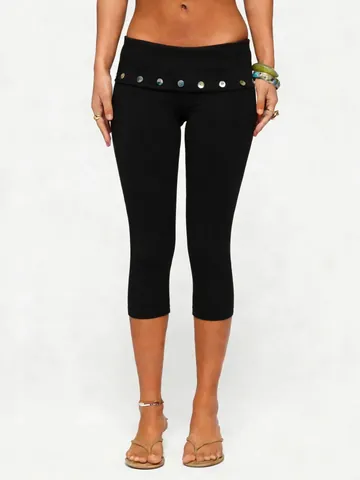 Dames Casual Capri Leggings Hoge Taille Heuplift Slim Fit Zevenkwart Broek Met Knoopdecoratie Effen Kleur Polyester