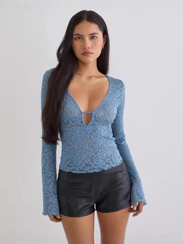 Women Sexy Lace See-Through Top Deep V-Neck Long Sleeve Floral Polyester Slim Fit Hollow Out Streetwear Party Sexy Top