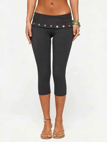 Women High Waist Capri Leggings Button Decor Solid Color Butt Lifting Yoga Fitness Pants Sexy Skinny Cropped Gym Trousers