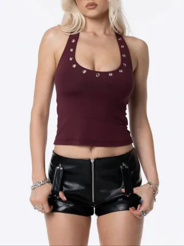Women's Halter Neck U-Neck Grommet Design Cami Top Sexy Slim Fit Solid Color Sleeveless Short Vest Streetwear Summer Top