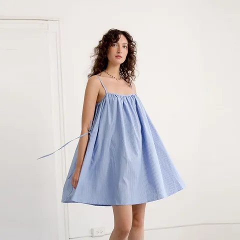 French Style Polyester Polka Dot Striped Printed Mini Dress Women Sleeveless Loose A-Line Spaghetti Strap Summer Beach Vacation Dress