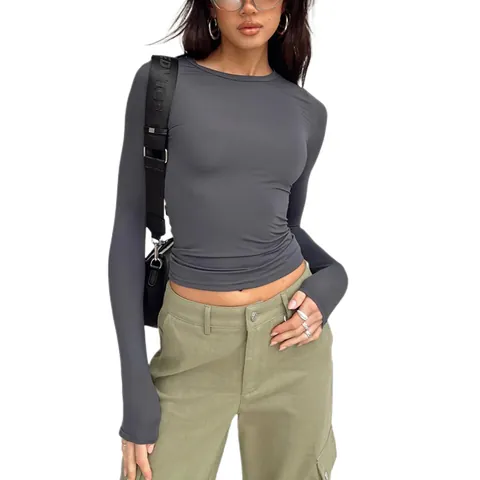 Women Casual Solid Color Slim Fit Long Sleeve T-Shirt Round Neck Knitted Basic Base Layer Top For Spring Autumn