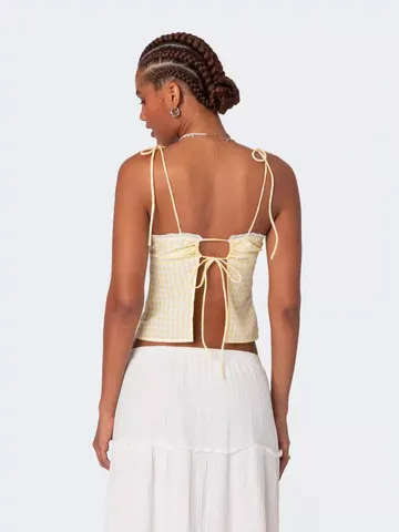 Women Sexy Gingham Camisole Top Backless Tie Up Lace Trim Smocked Summer Beach Plaid Cami Crop Top Sleeveless Vest