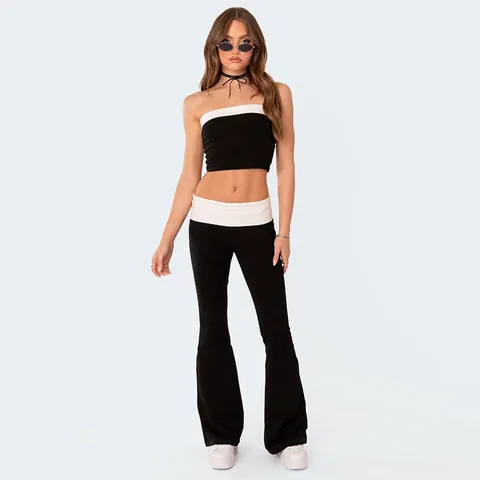 Women High Waist Flare Pants Contrast Color Fold-over Low Waist Slim Fit Bell Bottom Trousers Fashion Casual Bottom