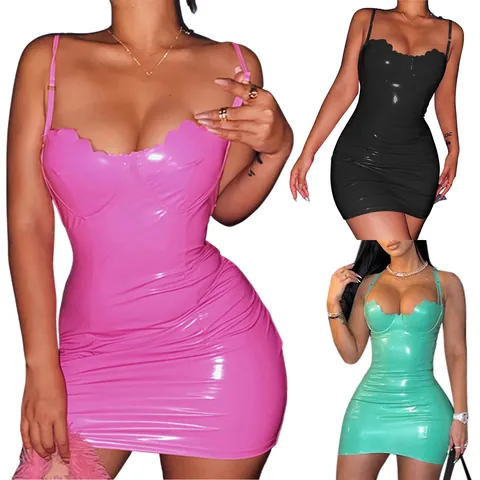 Women Sexy Glossy Bodycon Mini Dress Spaghetti Strap Scalloped Neckline Party Clubwear Slim Fit Hot Pink Black Green Dress