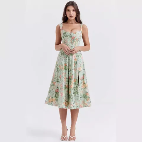 Robe Midi Fleurie Rétro Français pour Femmes avec Col Carré Corset et Fente Élégante Dos Nu pour Vacances d'Été et Fête à la Plage