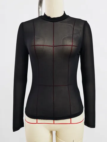 Women Sexy Sheer Mesh Embroidered T-Shirt Slim Fit Mock Neck Geometric Spider Web Long Sleeve Top Night Out Party Clubwear