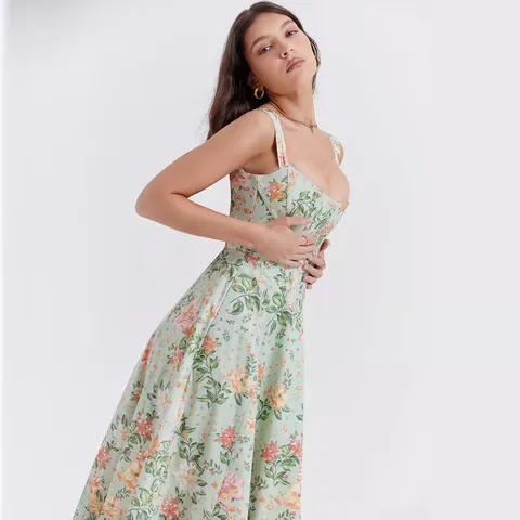 Robe Midi Fleurie Rétro Français pour Femmes avec Col Carré Corset et Fente Élégante Dos Nu pour Vacances d'Été et Fête à la Plage
