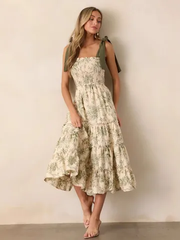 Polyester Floral Print Smocked Maxi Dress Green Tie Shoulder Tiered Boho Sun Dress Summer Casual Sleeveless Long Dress