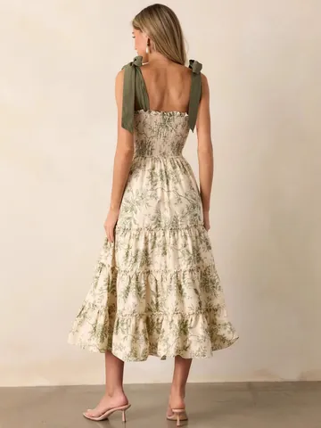 Women's French Floral Smocked Maxi Dress Green Tie Straps Summer Beach Vacation Tiered Midi Dress For Women Fashion Casual