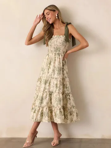 Women's French Floral Smocked Maxi Dress Green Tie Straps Summer Beach Vacation Tiered Midi Dress For Women Fashion Casual