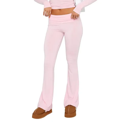 Women's Low Rise Flare Pants Slim Fit Slimming Spandex Elastic Folded Waistband Solid Color Bell Bottom Trousers