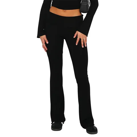 Women's Low Rise Flare Pants Slim Fit Slimming Spandex Elastic Folded Waistband Solid Color Bell Bottom Trousers