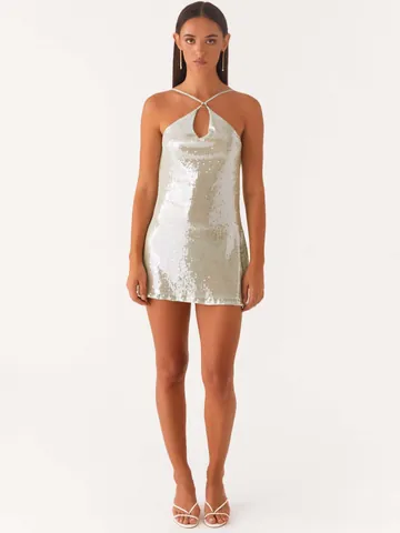 Women Sexy Halter Neck Backless Sequin Bodycon Mini Dress Nightclub Party Sleeveless Spandex Dress With Hollow Out Detail