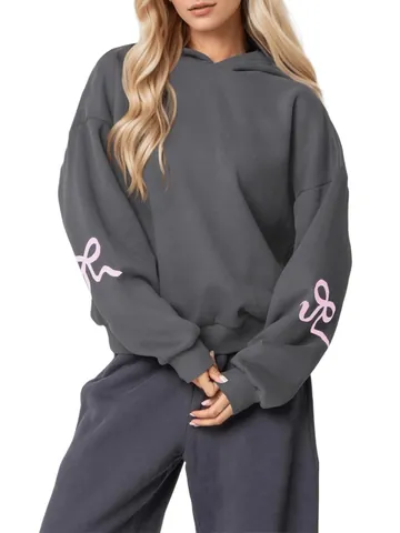 Women Oversized Fleece Lined Hoodie And Sweatpants Top And Bottom Bow Printed Long Sleeve Casual Sport Sweatshirt Set
