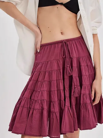 Damen Hohe Taille Gestufter Rüschenkuchenrock Einfarbig Böhmischer A-Linie Langer Rock Mit Quasten Eleganter Rock