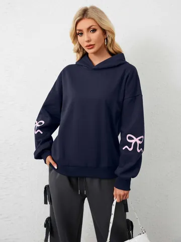 Women Casual Loose Hooded Sweatshirt Oversized Long Sleeve Pullover With Pink Ribbon Bow Graphic Printed Hoodie Top