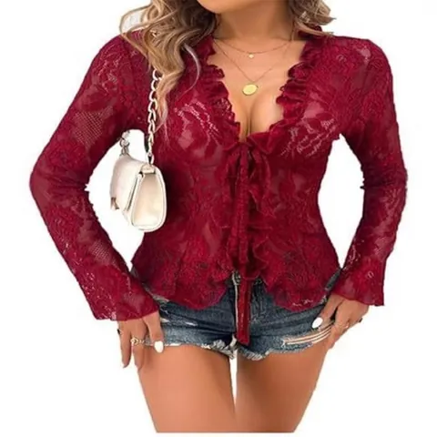 Top Sexy de Encaje Floral Transparente para Mujer Manga Larga Cuello en V con Volantes y Lazo Blusa de Malla para Club y Fiesta