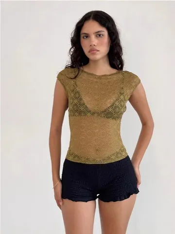 Camiseta de Verano para Mujer Estilo Vintage Francés Encaje Floral Malla Patchwork Corte Ajustado Sexy Cuello Cuadrado Manga Corta