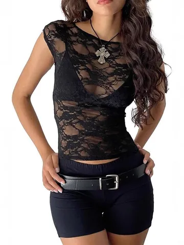Camiseta de Verano para Mujer Estilo Vintage Francés Encaje Floral Malla Patchwork Corte Ajustado Sexy Cuello Cuadrado Manga Corta
