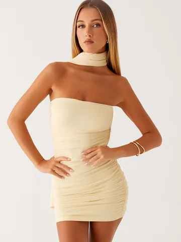 Women Sexy Strapless Ruched Bodycon Mini Dress With Matching Scarf Mesh Fabric Sleeveless Solid Color Party Clubwear Evening Outfit