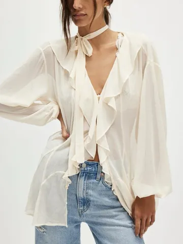 Camicetta da Donna in Stile Francese con Scollo a V e Volant Lacci Manica Lunga Chiffon Trasparente Top Elegante Moda Primavera Estate