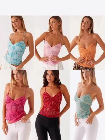 Women Sexy Sequin Embroidered Cami Top Slim Fit Y2K Sleeveless V-Neck Summer Vest For Party Vacation Spicy Girl Streetwear Top