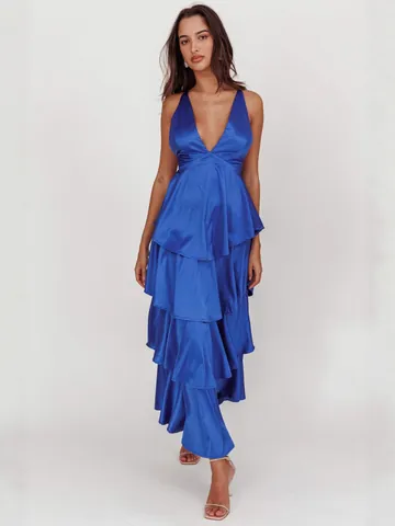 Sexy Backless Halter Maxi Dress French Style Deep V Neck High Waist Tiered Ruffle Layered Satin Polyester Dress For Women Party