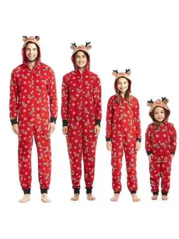 Christmas Family Matching Jumpsuits Hoodie Printed Reindeer Snowflake Pattern Onesies Polyester Pajamas Top And Bottom