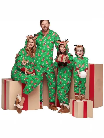 Christmas Family Matching Jumpsuits Hoodie Printed Reindeer Snowflake Pattern Onesies Polyester Pajamas Top And Bottom