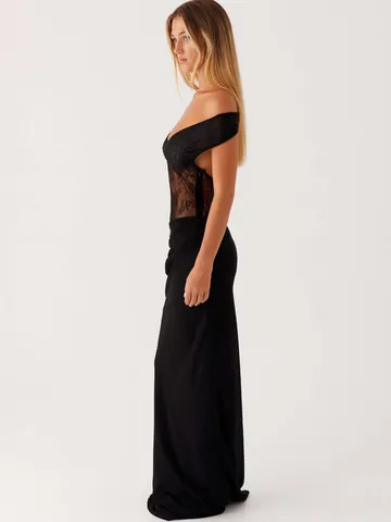 Vestido Largo Sexy con Hombros Descubiertos y Patchwork de Encaje Espalda al Aire Corte Ajustado Vestido de Noche Negro Formal