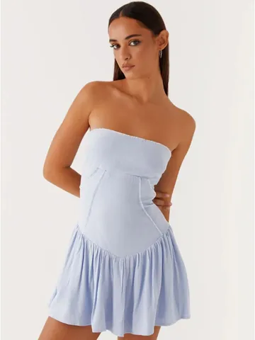 Women Sexy Strapless Backless Pleated Mini Dress Corset Style Solid Color Abstract Print Summer Vacation Party Top And Bottom