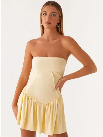 Women's Sexy Strapless Backless Mini Dress Off Shoulder Slim Fit Pleated Hem Solid Color Summer Vacation Party Clubwear