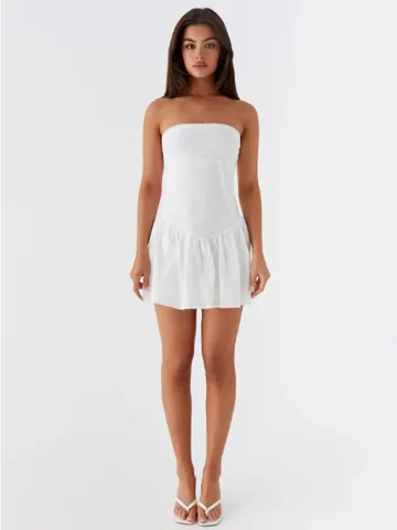 Women Strapless Corset Mini Dress Sexy Ruched Lace Up Back Sleeveless Party Club Summer A-Line Dress Solid Floral Print