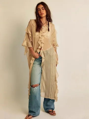 Women Bohemian Ruffle Cardigan Cover Up Polyester Sheer Flounce Sleeve V-Neck Long Beachwear Loose Resort Wear Clothing Top