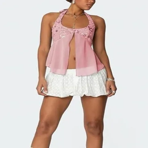 Damen Sexy Neckholder Pailletten Top Bestickt V-Ausschnitt Rückenfrei Chiffon Camisole Schlitz Glitzernd Sommer Crop Tank Top Für Party