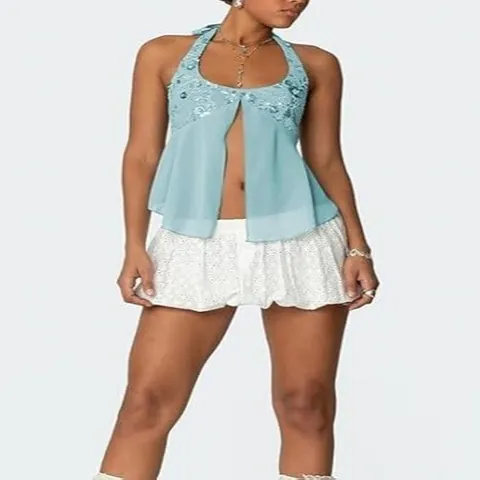 Damen Sexy Neckholder Pailletten Top Bestickt V-Ausschnitt Rückenfrei Chiffon Camisole Schlitz Glitzernd Sommer Crop Tank Top Für Party