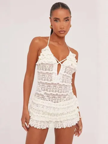 Women Sexy Lace Hollow Out Pleated Skirt Set Halter V-Neck Backless Sleeveless Top And Bottom Party Outfits Summer Casual