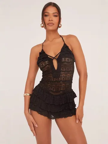 Tutina da Donna Sexy in Pizzo con Scollo all'Americana Volant a Strati Senza Maniche Senza Schienale Bodysuit per Festa Estiva Vacanza