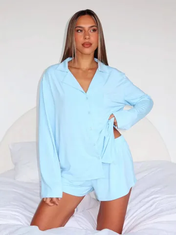 Women's Casual Polyester Pajama Set Long Sleeve Lapel Top And Shorts Loungewear Two Piece Set Comfortable Home Clothing
