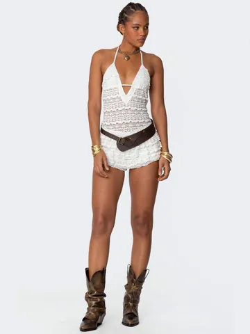 Pagliaccetto Donna Sexy in Pizzo Scollo a V Allacciato al Collo Senza Schiena con Volant Tuta Senza Maniche Estate Boho