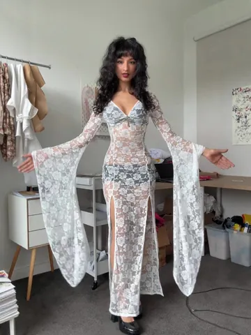 Women Sexy V-Neck Long Sleeve Lace Patchwork Maxi Dress Elegant Flare Sleeve Solid Color High Waist High Slit Party Dress