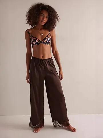 Women's Satin Loungewear Top And Bottom Floral Print Cami And Lace Trim Wide Leg Pants Casual Sleepwear Set For Women