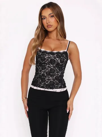 Women Sexy Lace Splicing Camisole Top Black Slim Fit Spaghetti Strap Crop Top For Party Dating