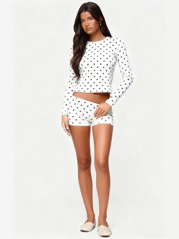 Women Polyester Polka Dot Print Round Neck Long Sleeve Top And Bottom Shorts Casual Slim Fit Home Clothing
