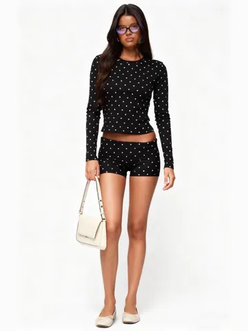 Women Polyester Polka Dot Print Round Neck Long Sleeve Top And Bottom Shorts Casual Slim Fit Home Clothing