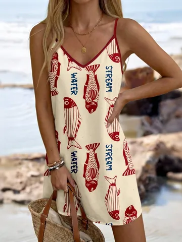 Women's Summer V-Neck Spaghetti Strap Floral Print Mini Dress Sleeveless Beach Vacation Loose A-Line Short Dress Sundress