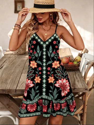 Women Sexy V-Neck Camisole Printed Dress Summer Bohemian Floral Polka Dot Ruffle Hem Sleeveless Casual Vacation Mini Dress